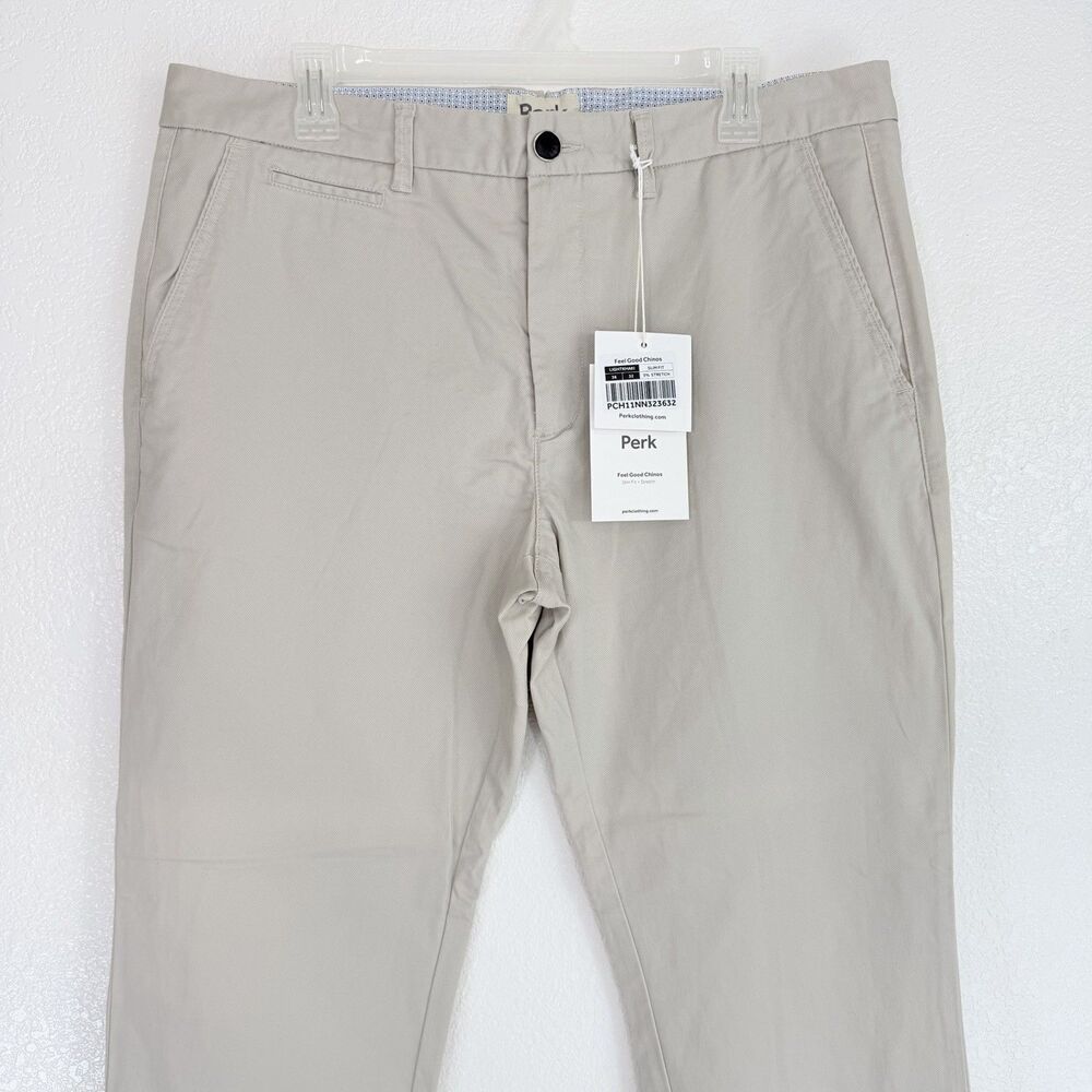 Perk Feel Good Chinos 36 X 32 Light Khaki Slim Fit Stretch Preppy Minimalist NWT - Picture 2 of 11